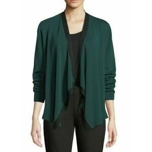 $358 Eileen Fisher Pine Green Black Trim Angled Front Knit Tencel Jacket XS NEW